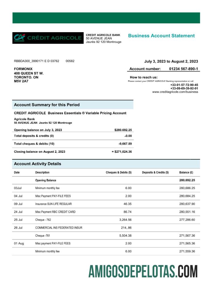 Realista Credit Agricole Bank Enterprise Extrato de conta corrente modelo Word e PDF
